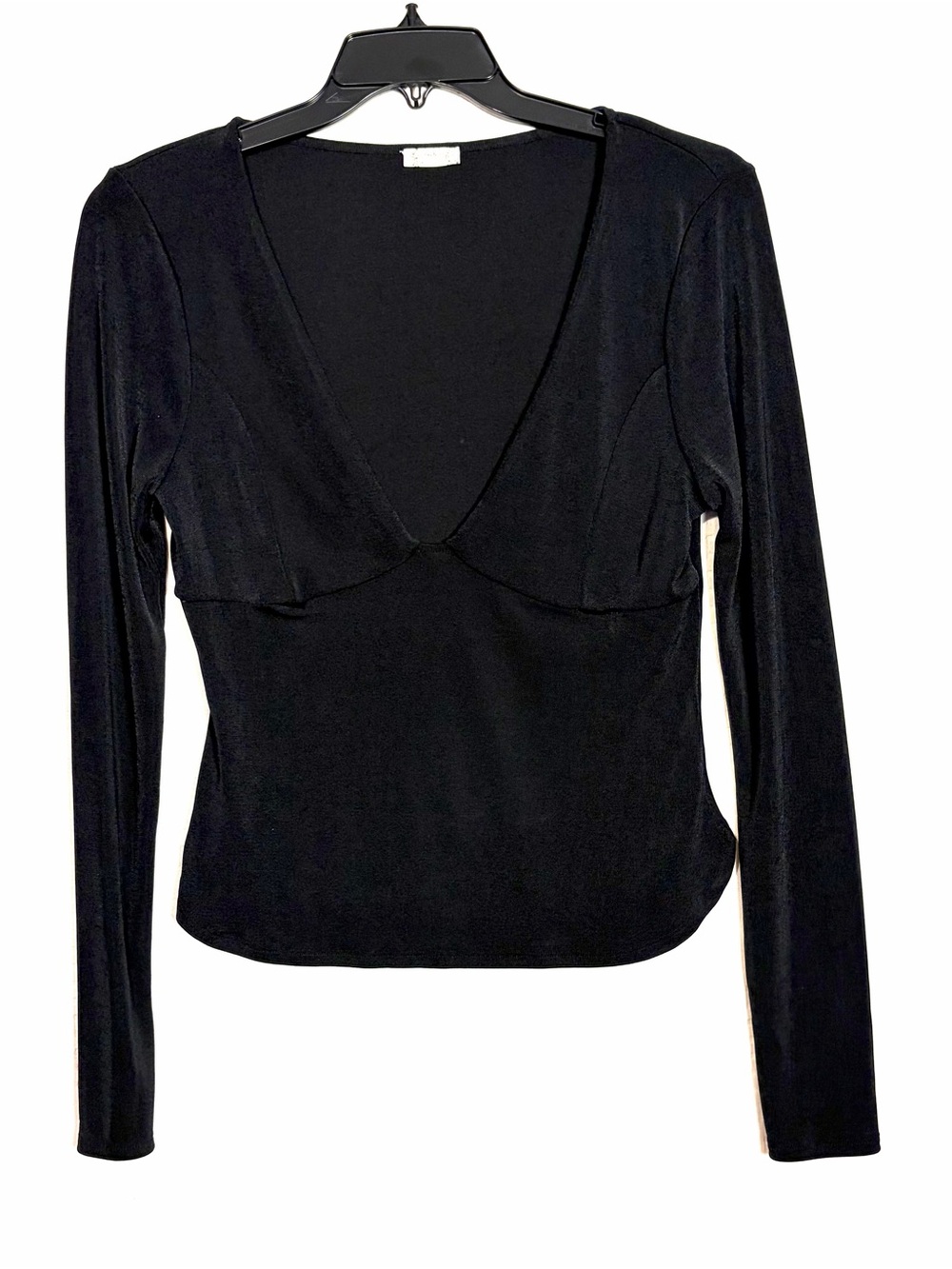 Intimately Free People L Black Slinky Deep V-Neck Fitted Top Slit Long Sleeves